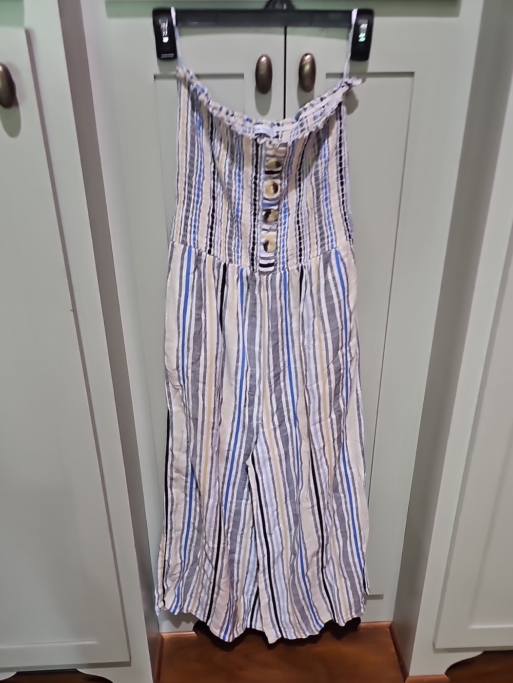 blue island Striped Tube Jumpsuit in Blue, Navy, Tan Stripes